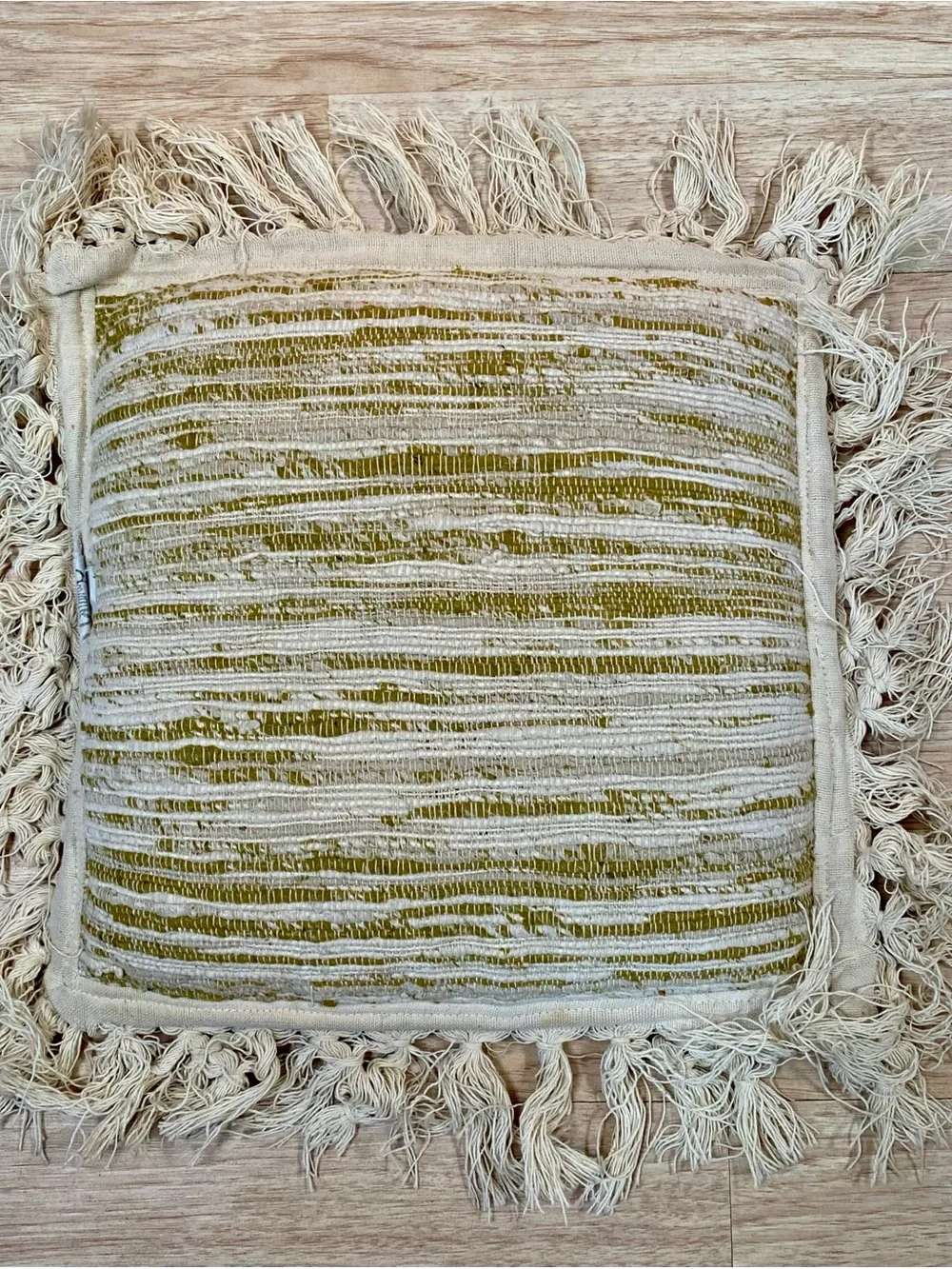 Vintage Irovy Textured Throw Pillow Horizontal Stripe Fringe Edge Approx 14x14in
